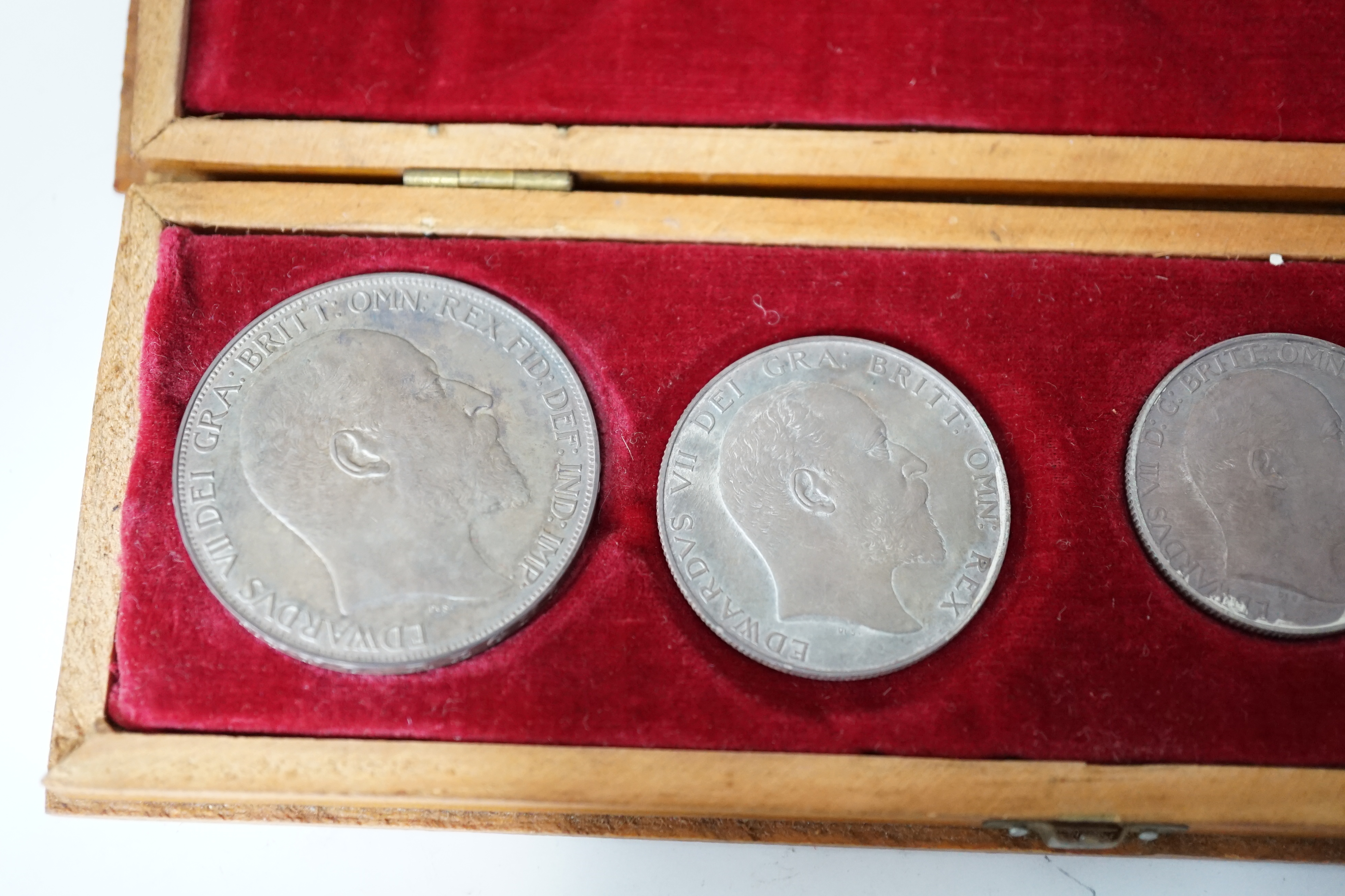 British silver proof coins, 1902 Edward VII matt proof six coin set ranging from crown to sixpence and a maundy fourpence, dark toning, associated case